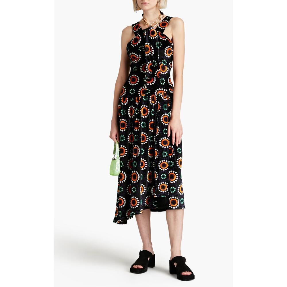 B51 Paco Rabanne Floral Velvet Midi Dress 8 Gold Chain Halter Flowy‎ Cocktail
